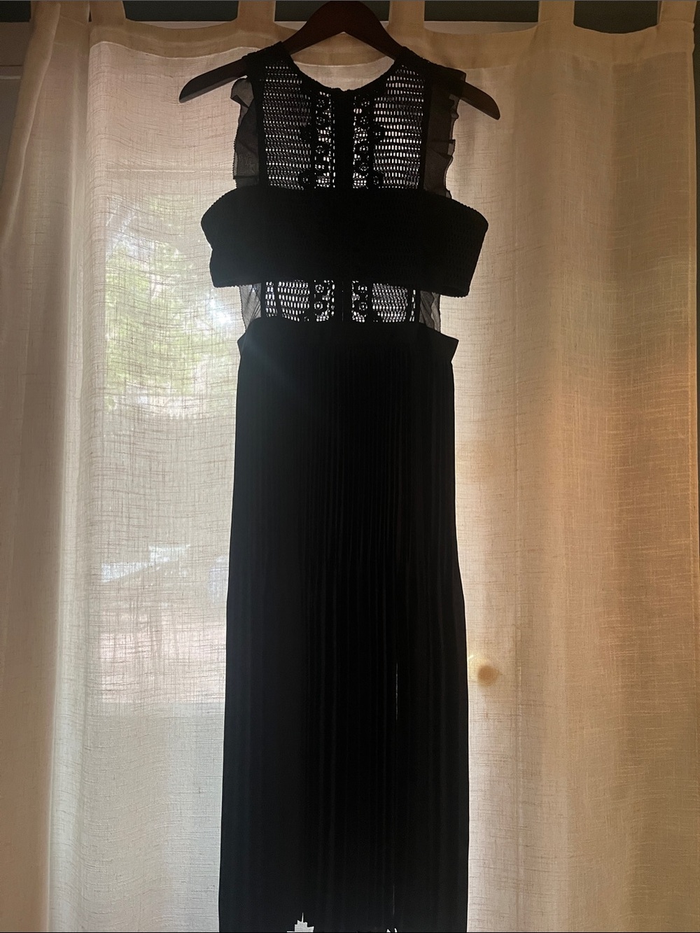 Self-Portrait Black Crochet Midi Dress with Pleated Skirt
